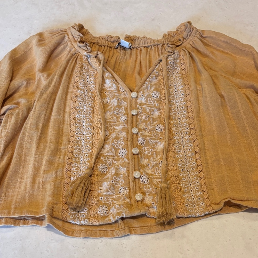 American Eagle Outfitters Tan Embroidered Blouse